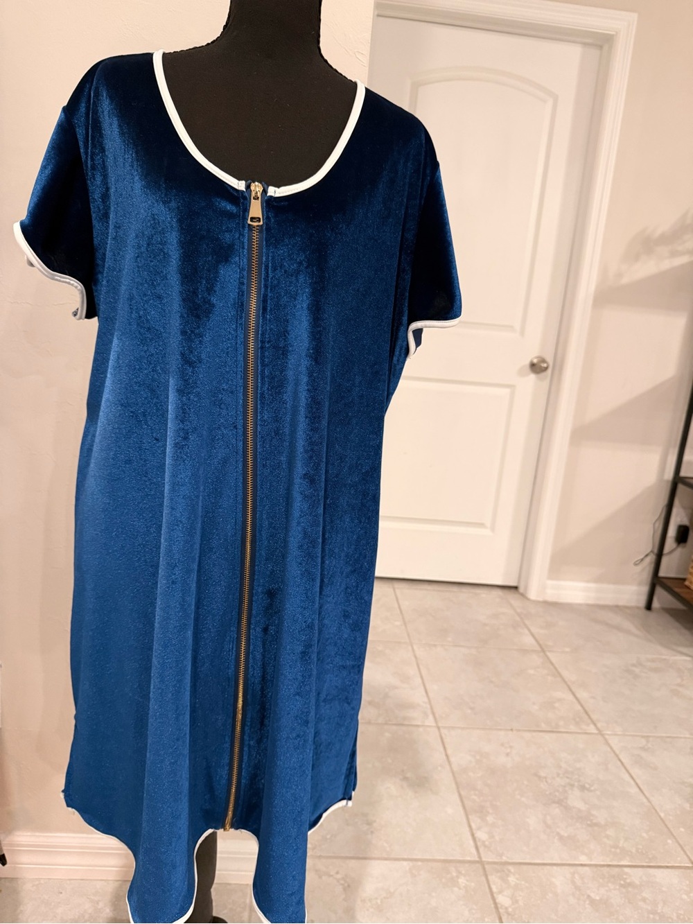 Zip-Front Navy Velvet Midi Muumuu Dress with Contrast Trim Nightgown